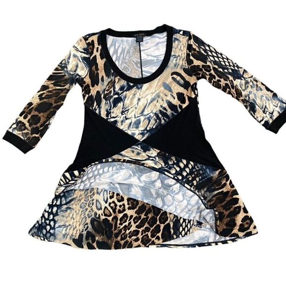 Eva Varro Slinky Tunic Top Bold Animal Mixed Print Black Contrast 3/4 Slv Size S - Picture 3 of 6